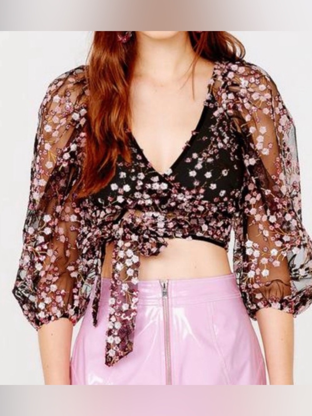 For Love & Lemons Gibson Cherry Blossom Sequin Wrap Top Blouse size small
